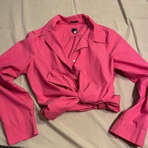 gap button up blouse pink y2k tie up long sleeve collar avant garde barbie